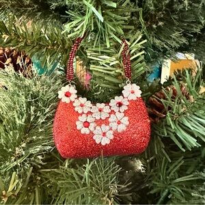 Pier 1 Beaded Glitter Floral Red Handbag Purse Christmas Ornament